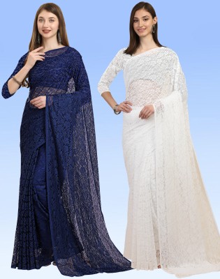 Murta Trends Embellished Bollywood Net, Brasso Saree(Pack of 2, Dark Blue, White)