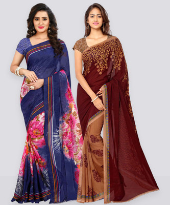 Anand Sarees Floral Print Daily Wear Georgette Saree(Pack of 2, Dark Blue, Brown)