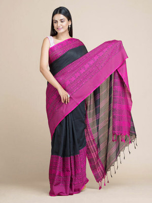 Bong ButiQ Woven Tant Handloom Cotton Blend Saree(Black)