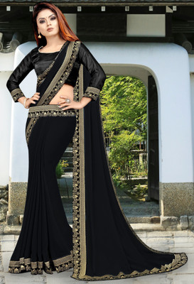 Offirra International Temple Border Banarasi Lycra Blend, Chiffon Saree(Black)