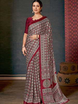 Anouk Rustic Printed Hand Batik Crepe Saree(Maroon)