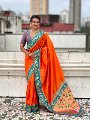 all about you Embroidered Paithani Silk Blend Saree(Orange)