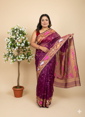 TUYA Woven Jamdani Cotton Silk Saree(Pack of 2, Purple)