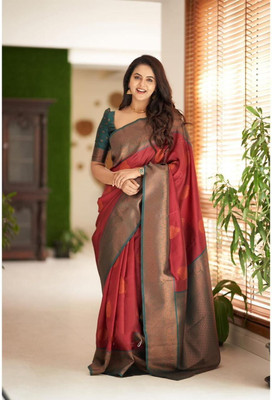 Prutha Fashions Printed Banarasi Pure Silk Saree(Maroon)