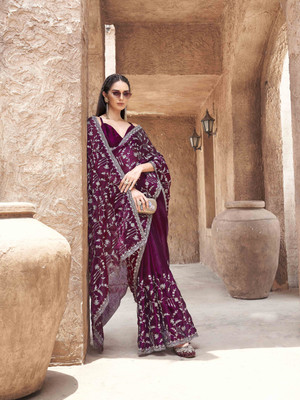 Tikhi Imli Embroidered Saree with Attached Blouse Chiffon Saree(Maroon)