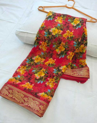 vani's studio Printed Kalamkari Georgette Saree(Red)