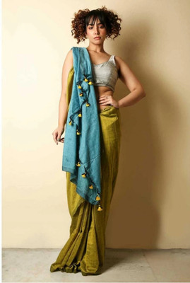DipDiya Color Block Handloom Cotton Blend Saree(Light Green, Light Blue)