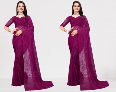online bazaarr Self Design Bollywood Net Saree(Pack of 2, Purple)
