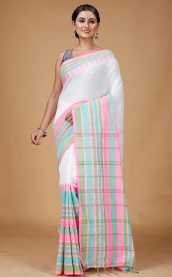 sbtextile Checkered Handloom Cotton Blend Saree(White)