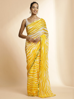 Jaipur Kurti Printed Leheria Georgette Saree(Yellow)