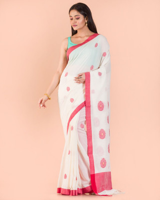 angoshobha Woven Handloom Pure Cotton Saree(White)