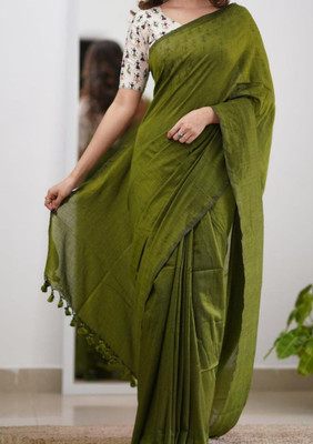 Maku Self Design, Solid/Plain Handloom Pure Cotton Saree(Green)