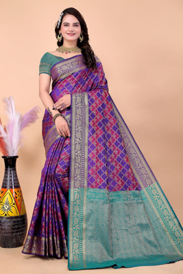 Raj Vivah Printed Kanjivaram Silk Blend Saree(Purple)