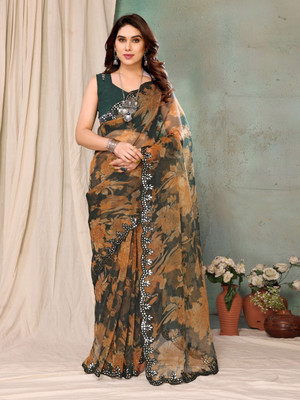 APERA Striped Bollywood Organza Saree(Green)