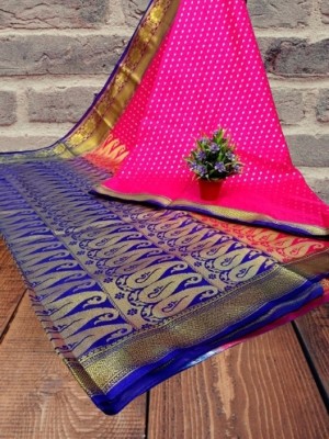 Happy Creation Woven Banarasi Handloom Silk Blend Saree(Pink, Blue)