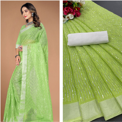 MAMERAA FAB Embellished Bollywood Cotton Silk, Chanderi Saree(Light Green)