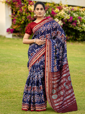 Divastri Printed Hand Batik Silk Blend Saree(Blue)