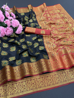 Rupatika Woven Banarasi Pure Silk, Cotton Silk Saree(Light Blue, Green)
