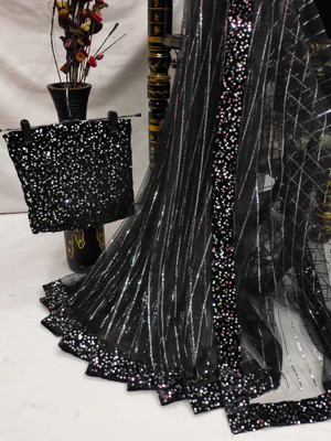 PROTRON Embroidered Bollywood Net Saree(Black)