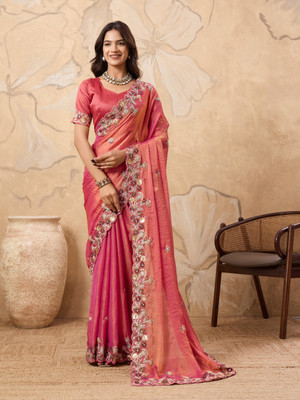BHAGYAVATI DESIGNER Embroidered, Floral Print Bollywood Chiffon Saree(Pink)