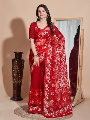 bal krishna Embroidered Handloom Net Saree(Red)