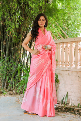Jaipuri Print Printed Daily Wear Pure Cotton Saree(Pink)