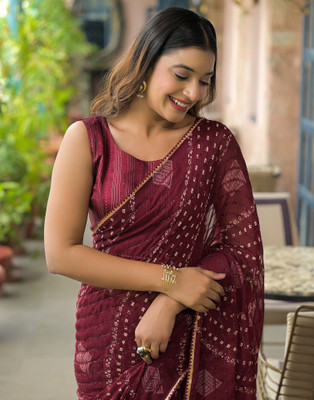 Satrani Printed Bandhani Georgette, Chiffon Saree(Maroon)