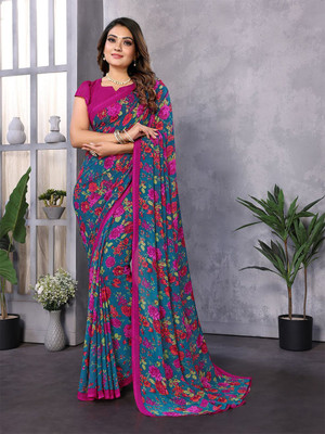 Moda Rapido Printed, Self Design Daily Wear Georgette Saree(Blue, Pink)