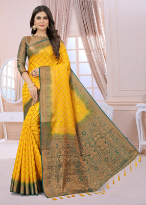 PICKWELL Self Design Kanjivaram Cotton Silk Saree(Yellow)