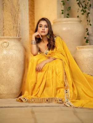 Mortile Designer Studio Embroidered Banarasi Silk Blend Saree(Yellow)