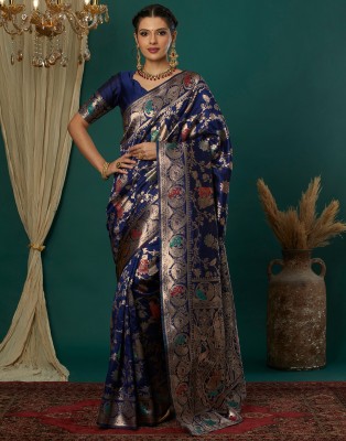 Samah Woven, Embellished Kanjivaram Silk Blend, Jacquard Saree(Blue, Gold)