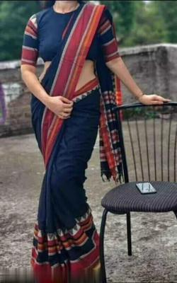 Sampa Das Self Design Bollywood Handloom Cotton Blend Saree(Red, Blue)