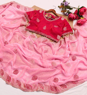 SHIVA Embroidered, Floral Print, Self Design, Woven Bollywood Chiffon Saree(Pink)