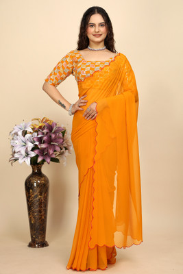 KONICA FAB Embroidered Bollywood Georgette Saree(Yellow)