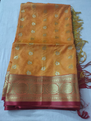 RIDDHI Embellished, Self Design Banarasi Silk Blend Saree(Maroon, Yellow)