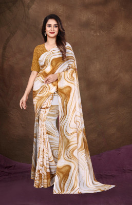 jihana fab Printed Banarasi Chiffon, Silk Blend Saree(Yellow, White)