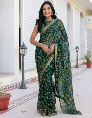 Samah Printed Bandhani Chiffon, Georgette Saree(Dark Green)