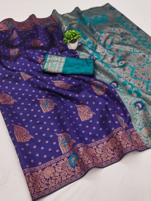 TRENDING KART Printed Banarasi Silk Blend Saree(Dark Blue)