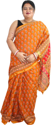 Generative Printed, Floral Print, Geometric Print Kalamkari Chanderi Saree(Orange, Red)