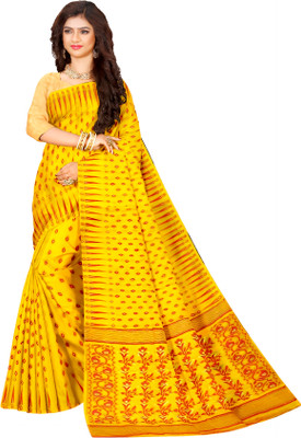 HARE KRISHNA ENTERPRISE Printed Handloom Cotton Silk Saree(Yellow)