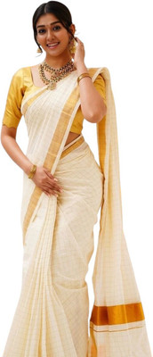 EverGreenNest Woven, Solid/Plain, Self Design, Striped Kasavu Cotton Blend Saree(White)