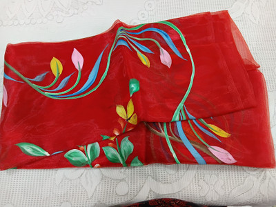 orgaanza Floral Print, Hand Painted Bollywood Polyester Saree(Red)
