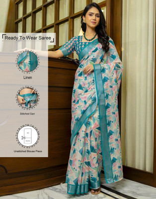 Samah Floral Print, Printed, Embellished Daily Wear Linen Saree(Green, White)