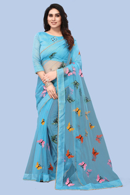 Meaven feb Self Design Bollywood Net Saree(Light Blue)