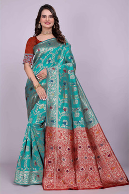 VKARAN Woven Kanjivaram Silk Blend Saree(Light Blue)