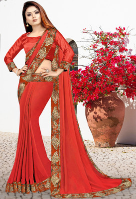 Anugrah Textile Solid/Plain Banarasi Lycra Blend, Chiffon Saree(Red, Orange)