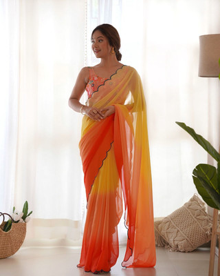 SICHYAH Solid/Plain, Ombre Bollywood Georgette Saree(Yellow, Orange)