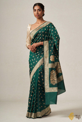 MIRMAN Striped Banarasi Pure Silk Saree(Green)