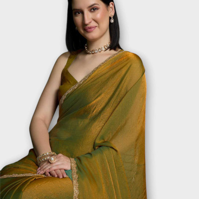 Dhimahi Solid/Plain Bollywood Chiffon Saree(Green)