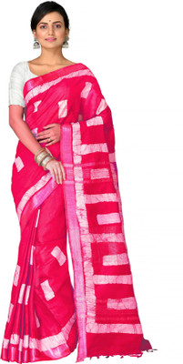 crochetin Printed Handloom Handloom Cotton Linen Saree(Pink, White)